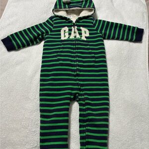 GAP Striped Hooded Onesie in Green and Blue